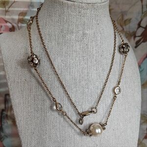 J. CREW Long Gold Tone Faux Pearl Clear Crystal Disco Ball Necklace